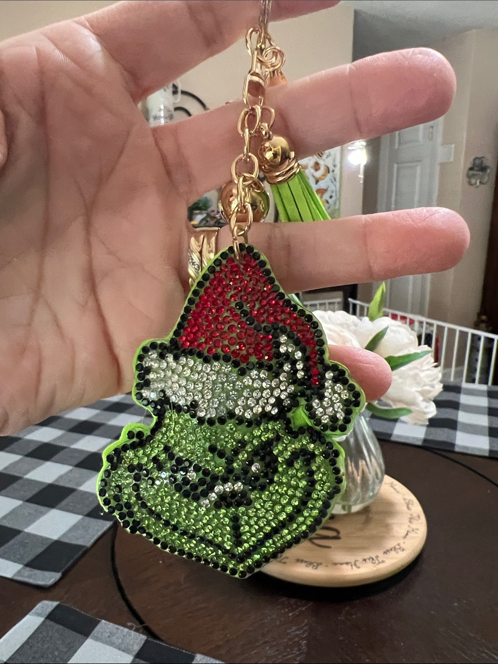 New Festive Green Grinch Crystal Keychain with Tassel